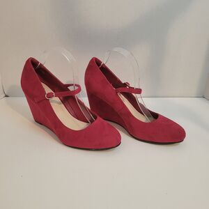 Coutgo Women’s Size 10 Red Mary Jane Wedge Heels Faux Suede Shoes